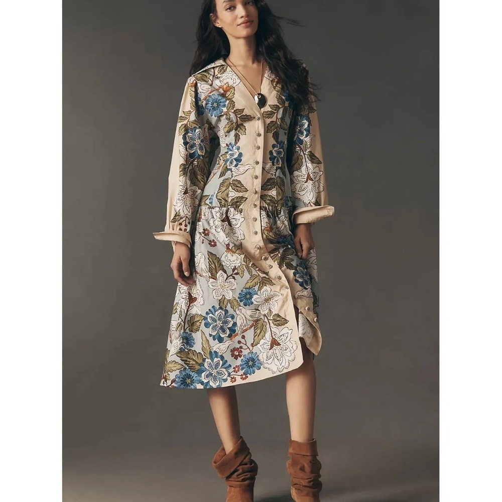 Farm Rio Beige Blue Botanical Bird Print Button Front Midi Dress Boho Fall NWT M